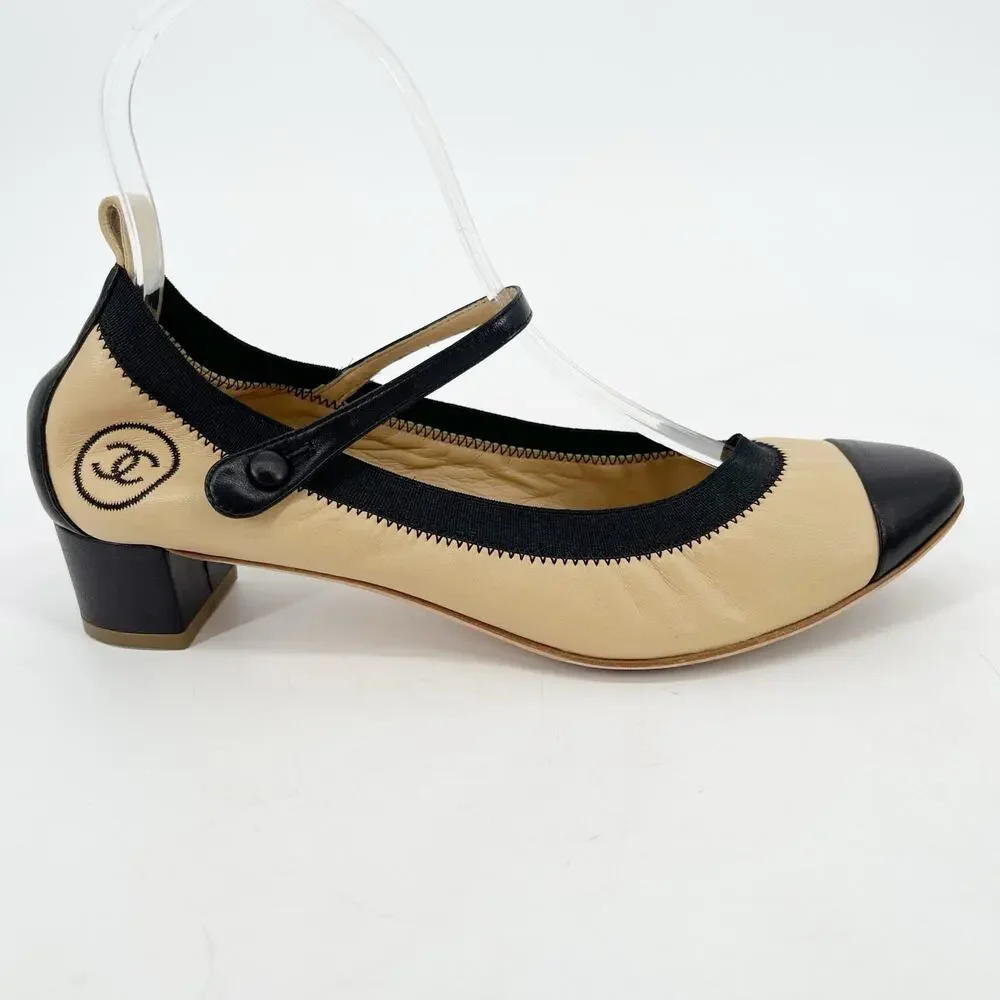 Chanel Retro y2k Beige & Black CC Cap Toe Leather Mary Jane Strap Heels EU 38.5